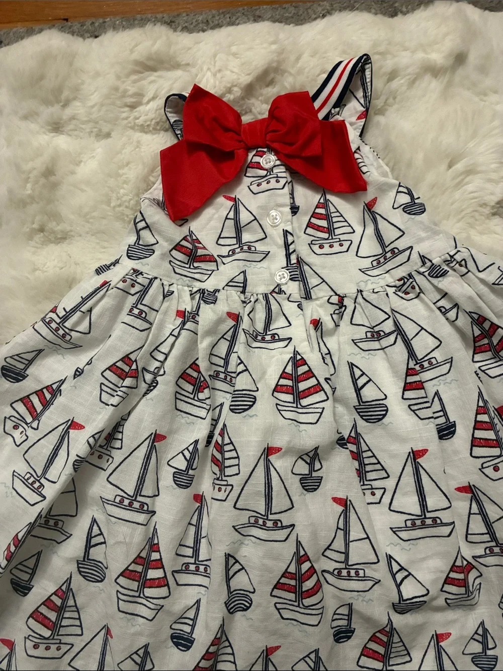 Little Me White Navy Red Sailboat Print Dress